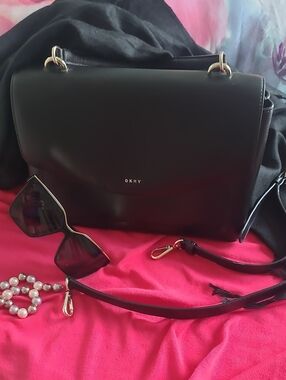 DKNY Black Leather-like Satchel with Gold Hardware And Shoulder Strap
